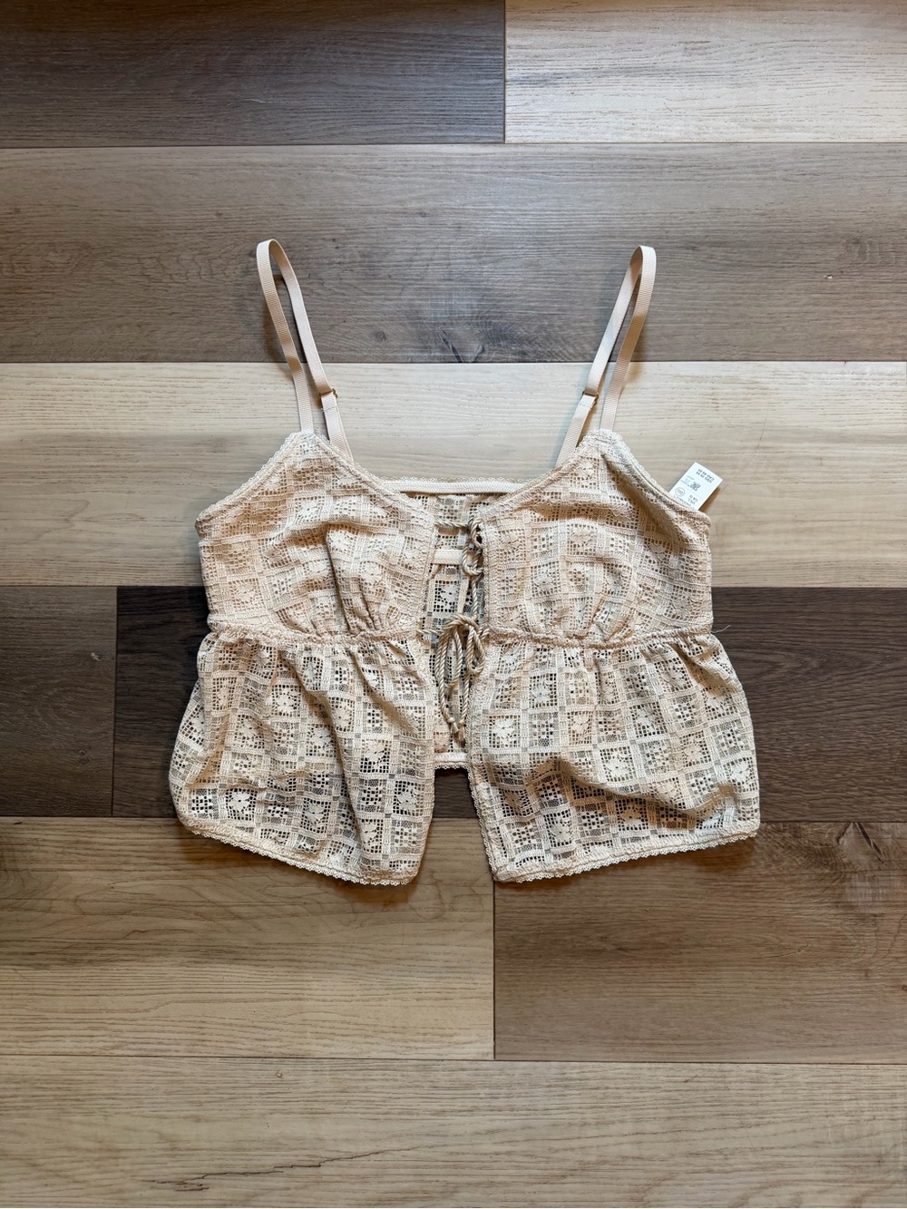 NWT Aerie Beige Sheer Crochet Lace Tie-Front Fly Away Top w/ Adjustable Straps